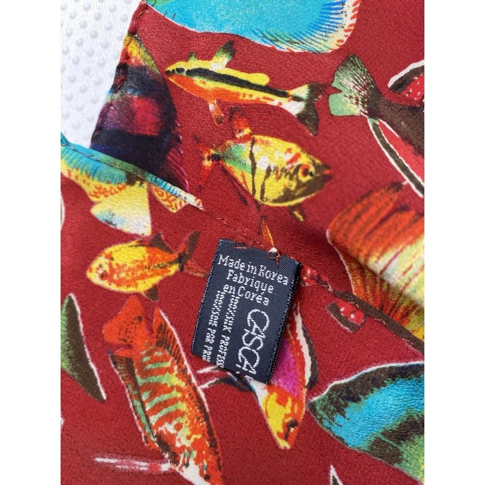 Casca Scarf 100% Silk Red Maroon Burgundy Tropical Fish Print RN64135